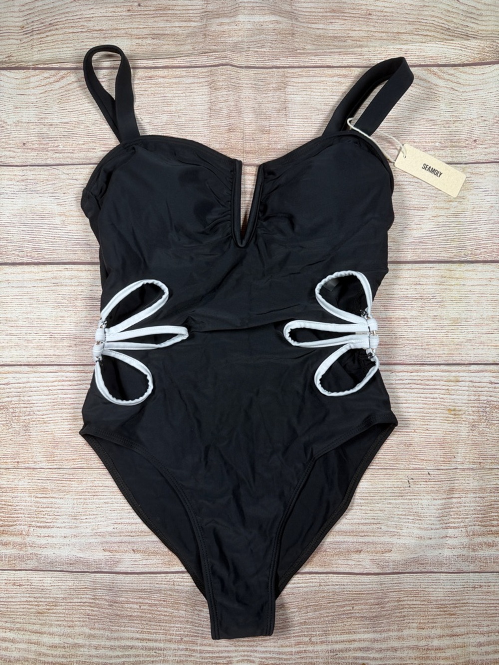 NWT Seamoly Black Slimming One-Piece‎ Swimsuit with White Trim Floral Cutouts
